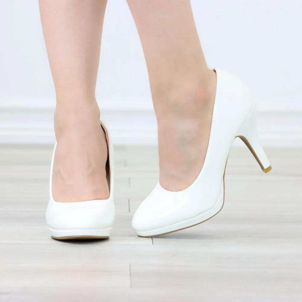 Classic Patent White High Heel Slip On Round Toe Pumps - Picture 10 of 12
